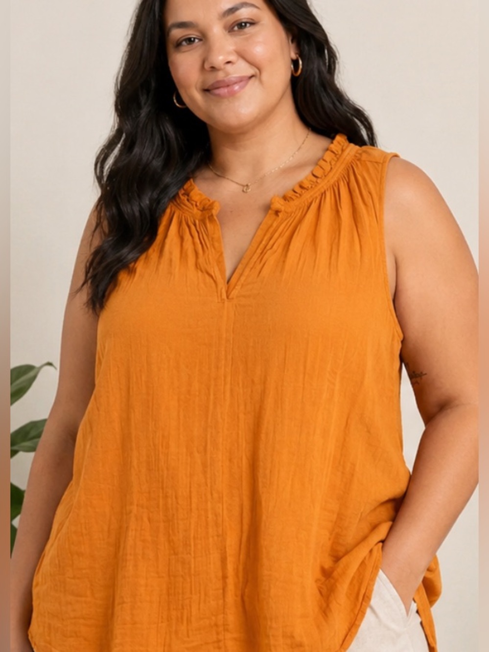 GAP Gauze Women's Sleeveless Ruffle-Neck Tank Top in Burnt Orange